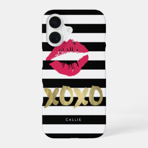 Funda Para iPhone 16 XOXO Estampado de Labios Rosa sobre Raya Blanca y