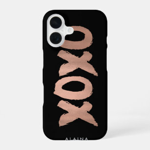 Funda Para iPhone 16 XOXO Negro y Falso Rosa Dorado Pincelada