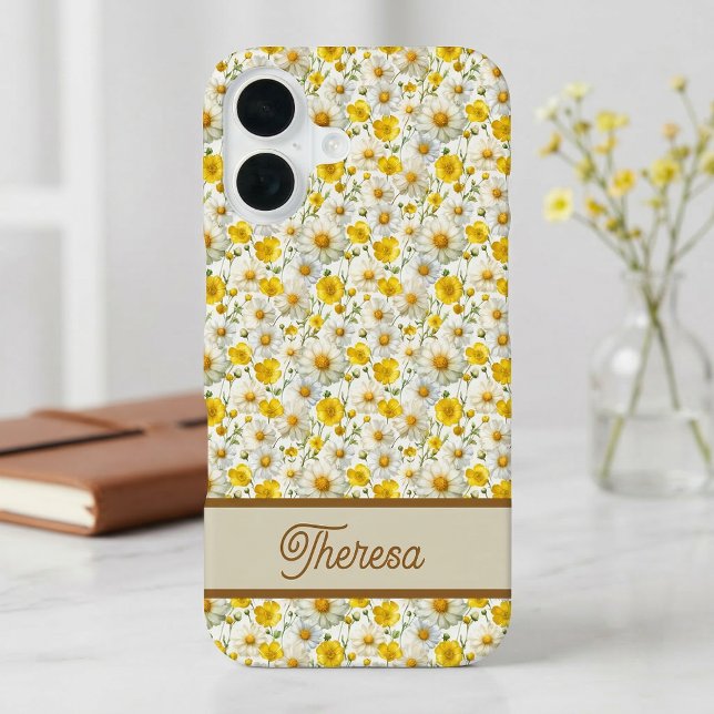 Funda Para iPhone 16 Yellow Wildflowers Pattern Monogram Name (Subido por el creador)