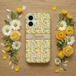 Funda Para iPhone 16 Yellow Wildflowers Pattern Monogram Name