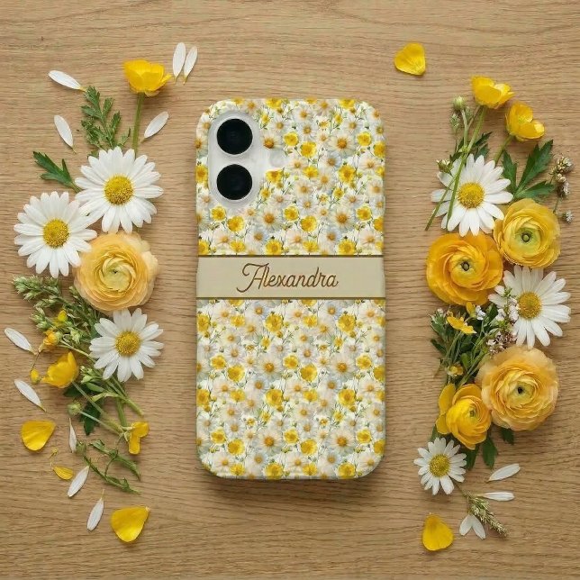 Funda Para iPhone 16 Yellow Wildflowers Pattern Monogram Name (Subido por el creador)