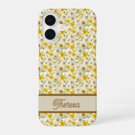 Funda Para iPhone 16 Yellow Wildflowers Pattern Monogram Name