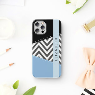 Funda Para iPhone 16 Zigzag Gris, Chevron Gris, Azul, Tu Nombre