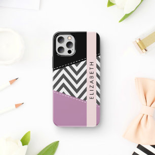 Funda Para iPhone 16 Zigzag Gris, Chevron Gris, Púrpura, Tu Nombre