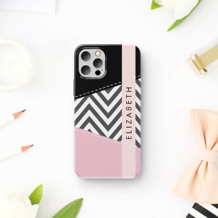 Funda Para iPhone 16 Zigzag Gris, Chevron Gris, Rosa, Tu Nombre