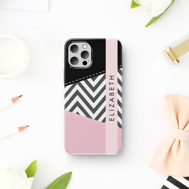 Funda Para iPhone 16 Zigzag Gris, Chevron Gris, Rosa, Tu Nombre (Subido por el creador)