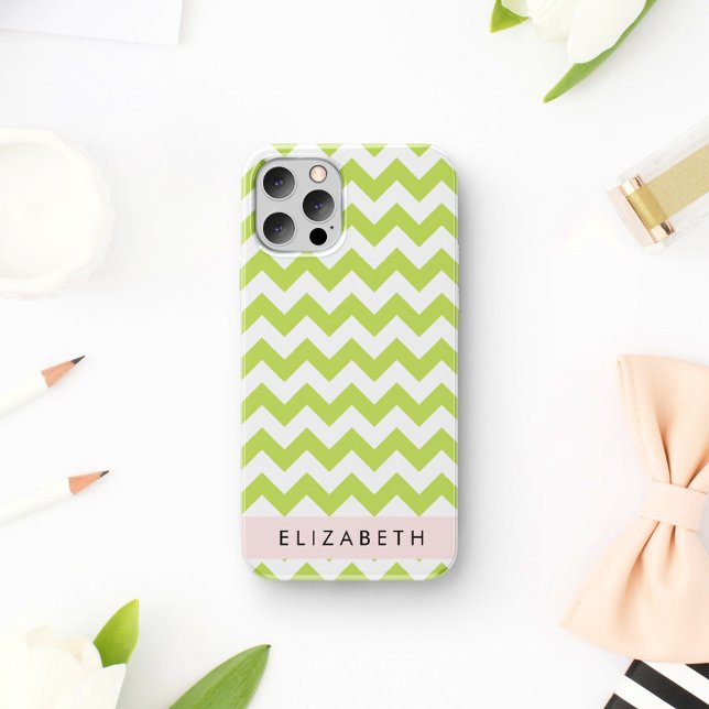 Funda Para iPhone 16 Zigzag Verde, Chevron Verde, Tu Nombre (Subido por el creador)