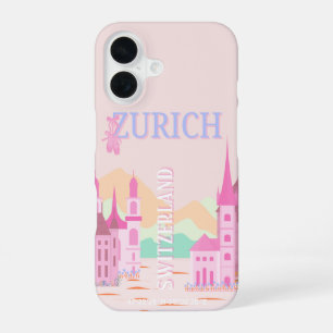 Funda Para iPhone 16 Zurich Travel Art, Suiza, Rosa Viajes Retro