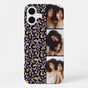 Funda Para iPhone 16 Plus 3 Foto Estampado Leopardo Morado y Dorado
