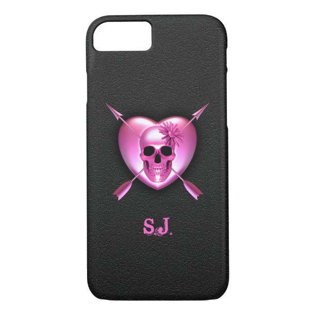 Funda para iPhone 7 con cráneo y corazón rosado (Reverso)