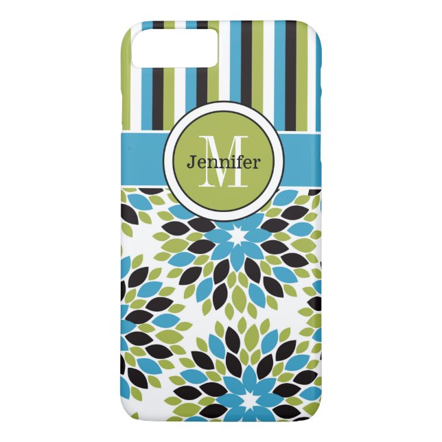 funda para iPhone 7 | Floral, franjas | Azul, Verd (Reverso)