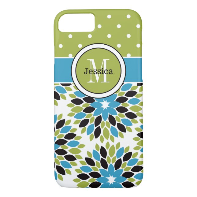 funda para iPhone 7 | Floral, puntos | Azul, Verde (Reverso)