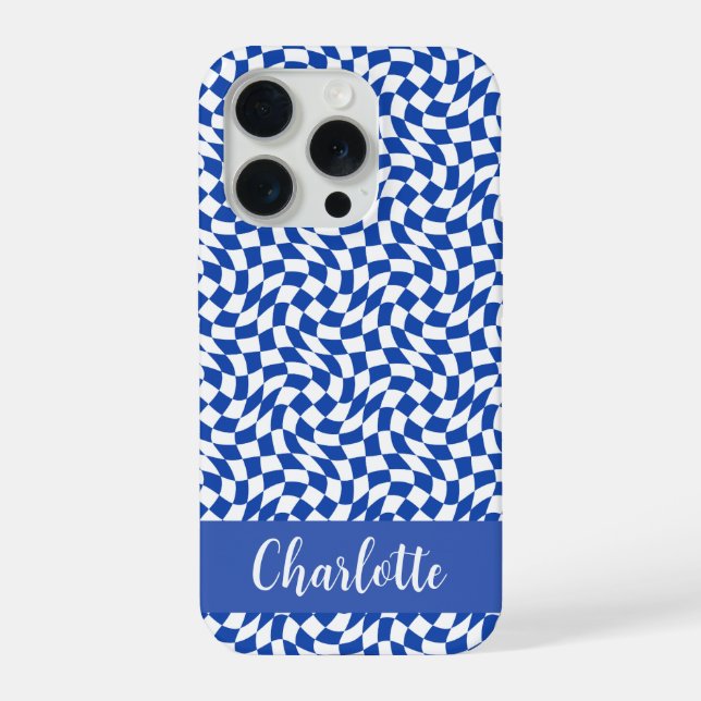 Funda Para iPhone 90's theme blue checkered name monogram (Reverso )