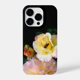 Funda Para iPhone 14 Pro Abejas con flores de rosas amarillas rosas