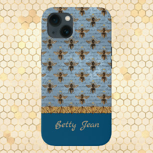 Funda Para iPhone 14 Plus Abejas Vintage en Damasco Azul con Letra a Mano