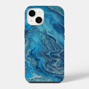 Funda Para iPhone 14 Abstracción Acrílica de Mármol Azul Cian Blanco