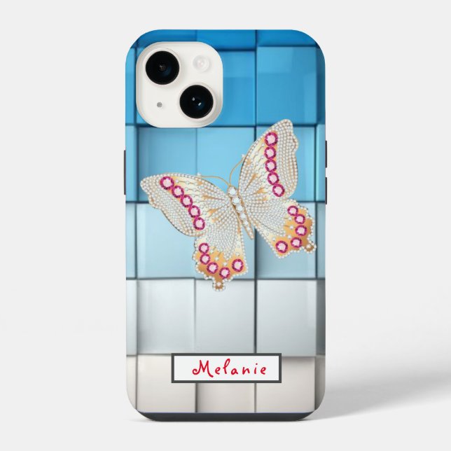 Funda Para iPhone Abstract blue toned cubes Butterfly  Monogram  (Reverso )