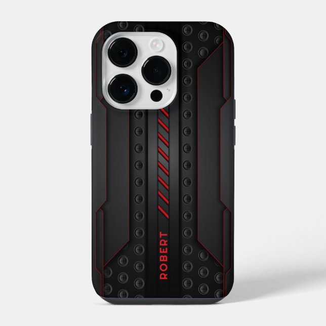 Funda Para iPhone Acento rojo de textura negra geométrica metálica (Reverso )