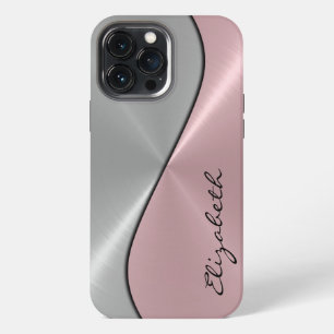Funda Para iPhone 13 Pro Max Acero inoxidable metálico plateado y rosa