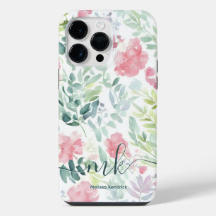 Funda Para iPhone 14 Pro Max Acuarela Flores Abstractas Rosa Coral Monograma