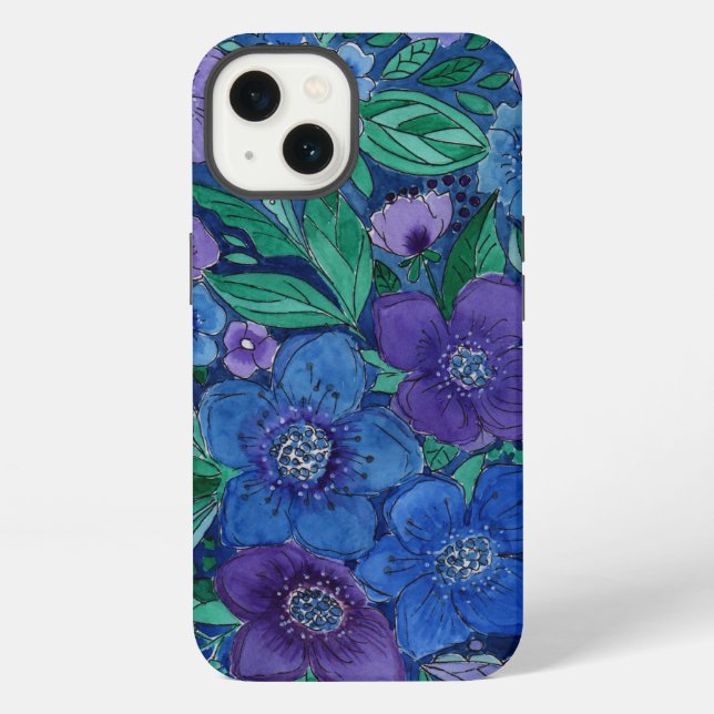 Funda Para iPhone acuarela, flores azules (Reverso )
