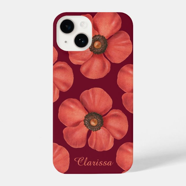 Funda Para iPhone Acuarela Red Poppy Anemone Flores Monograma Nombre (Reverso )