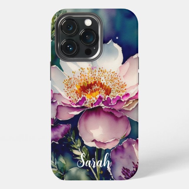 Funda Para iPhone Acuarela Rústica Flores Moradas y Blancas (Reverso )