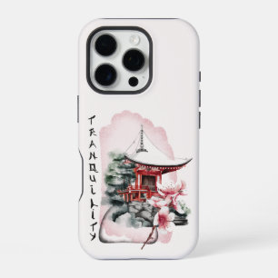 Funda Para iPhone 16 Pro Acuarela Templo Japonés Flor de Cerezo