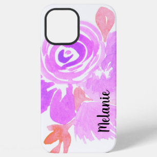 Funda Para iPhone 12 Pro Max Acuarela Verde de Rosa Monogramada Rosa Púrpura