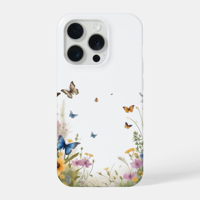 Funda Para iPhone Acuarelas Flores Silvestres Hierbas Y Mariposas, (Reverso )