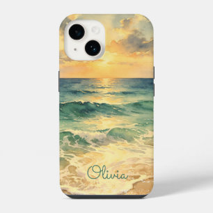 Funda Para iPhone 14 Aesthetic Beach Sunset Watercolor Custom Name