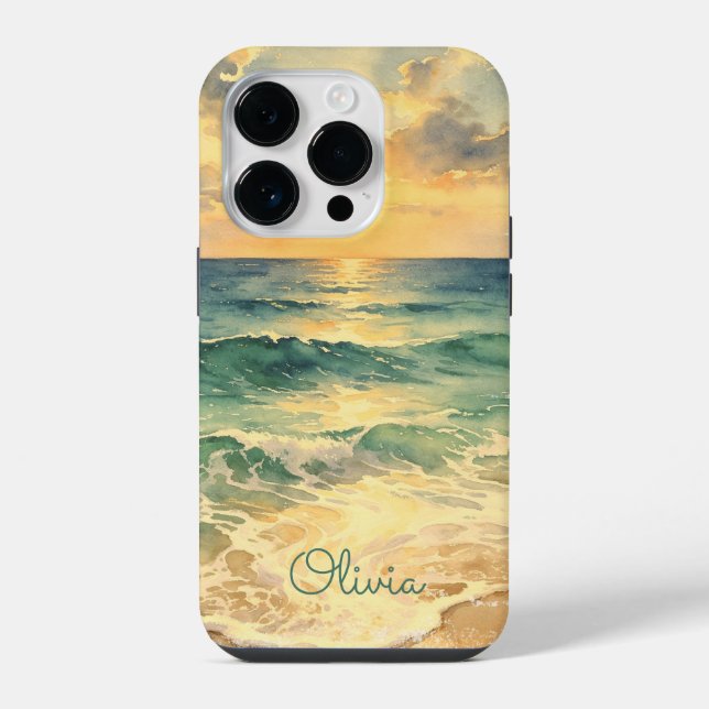 Funda Para iPhone Aesthetic Beach Sunset Watercolor Custom Name (Reverso )