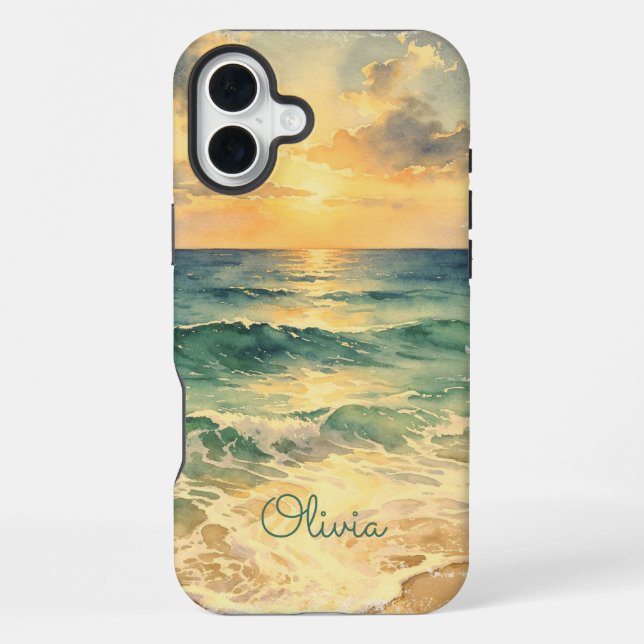 Funda Para iPhone Aesthetic Beach Sunset Watercolor Custom Name (Reverso )