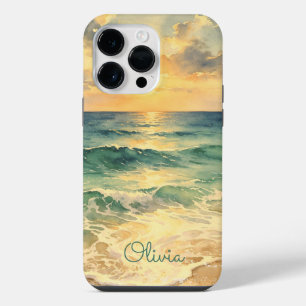 Funda Para iPhone 14 Pro Max Aesthetic Beach Sunset Watercolor Custom Name