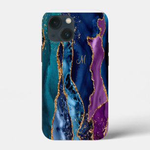 Funda Para iPhone 13 Mini Ágata azul/teal/morado con venas doradas con monog