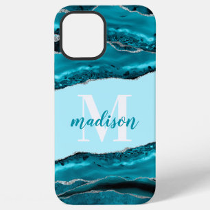 Funda Para iPhone 12 Pro Max Ágata azul turquesa con monograma con brillo de pl