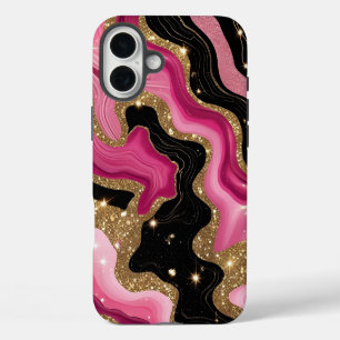 Funda Para iPhone 16 Plus Ágata dorada negra y rosa