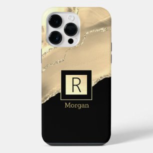Funda Para iPhone 14 Pro Max Ágata Dorada, Nombre y Monograma, Caja Negra y Dor