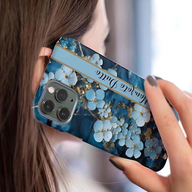 Funda Para iPhone Ágata Monograma Venas Doradas Azules (Subido por el creador)