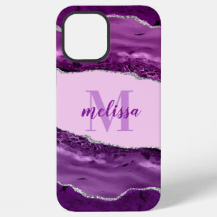 Funda Para iPhone 12 Pro Max Ágata Púrpura con Monograma Brillante de Plata