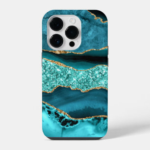 Funda Para iPhone 14 Pro Ágata Turquesa Azul Oro Mármol Brillante Aguamarin