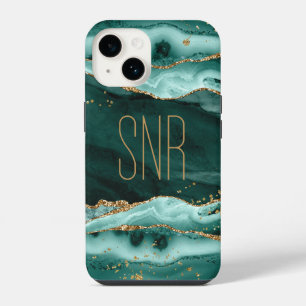 Funda Para iPhone 14 Ágata Turquesa Geoda Monograma Nombre Brillo Dorad