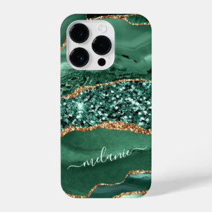 Funda Para iPhone 14 Pro Agate Green Gold Purpurina Tu Nombre Marble