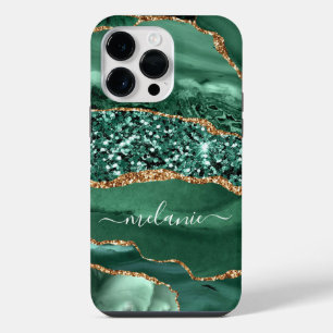 Funda Para iPhone 14 Pro Max Agate Verde Oro Brillante Mármol Nombre Personaliz