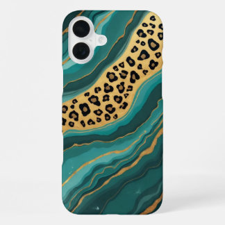 Funda Para iPhone 16 Plus Agato verde azulado y de leopardo de oro