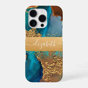 Funda Para iPhone 16 Pro Aguamarina acuarela turquesa naranja dorado tu nom