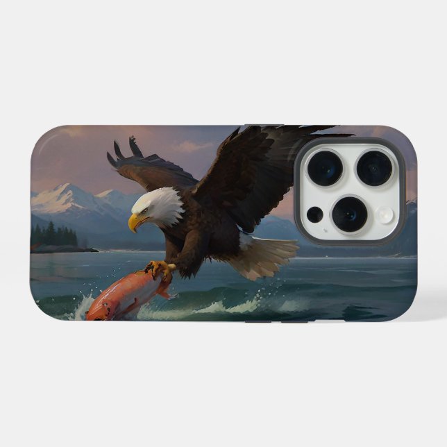 Funda Para iPhone Águila calva captura un salmón al atardecer (Reverso Horizontal)