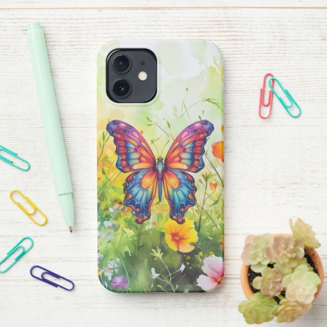 Funda Para iPhone Alas Naranjas azules de mariposa (En el escritorio)