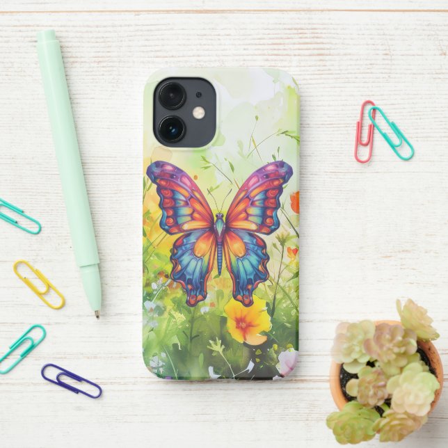 Funda Para iPhone Alas Naranjas azules de mariposa (En el escritorio)