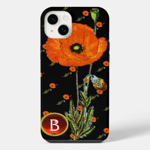 FUNDA PARA  iPhone 14 PLUS AMAPOLA ROJA EN MONOGRAMA DE PIEDRA PRECIOSA RUBÍ 